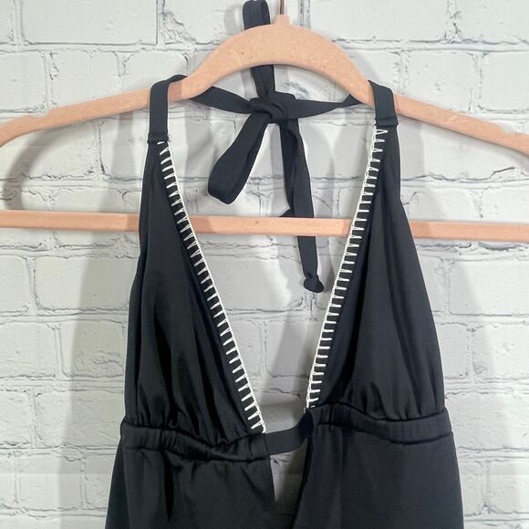 Sunseeker One Piece Swimingsuit Women Black V Neck Halter Embroidered Preppy - Picture 2 of 16